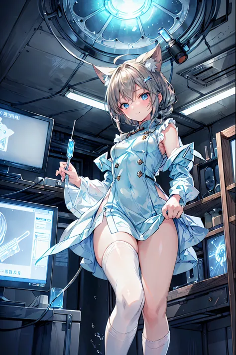 (((Forbidden Laboratory))), Dark laboratory equipment,Feeling nervous,Metallic Texture,Delicate Description，clean laboratory interior,scientist's experimental scene,Test tube,Medicines,gas emission device,spectrophotometer on the device,optical detector,co...