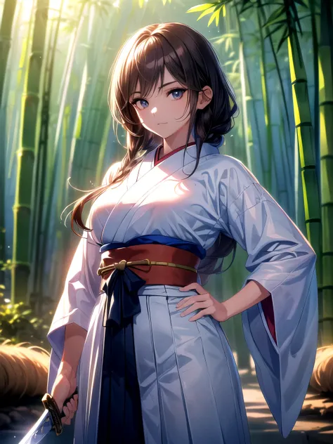 (Night, Japanese style, bamboo forest, swordsman, wearing sword, holding sheath in hand, one hand on hip, swordsman's costume, hakama: 1.5) (sexy body, blue eyes, brown hair, long hair) (Unreal Engine, enhanced 3D, omnidirectional lighting, glossy texture,...
