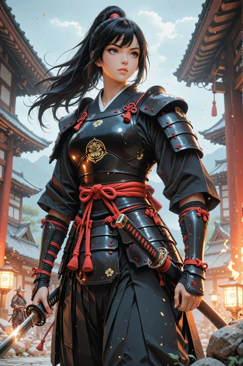 Movie Still,Film Still,Cinematic,Cinematic Shot,Cinematic Lighting,a picture of Japanese female samurai, she has long black hair, wearing samurai armor, armed with a katana, ready for battle, dynamic angle,, Japanese fantasy art, (Masterpiece: 1.5), 16k, h...