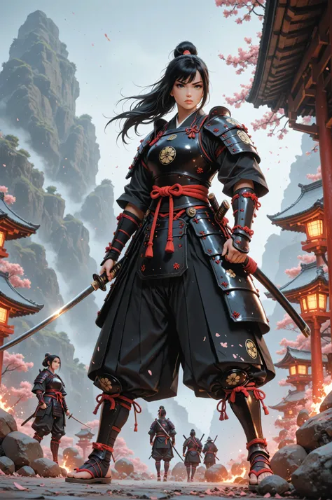 Movie Still,Film Still,Cinematic,Cinematic Shot,Cinematic Lighting,a picture of Japanese female samurai, she has long black hair, wearing samurai armor, armed with a katana, ready for battle, dynamic angle,, Japanese fantasy art, (Masterpiece: 1.5), 16k, h...