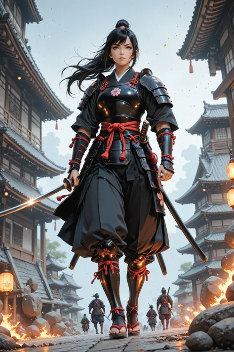 Movie Still,Film Still,Cinematic,Cinematic Shot,Cinematic Lighting,a picture of Japanese female samurai, she has long black hair, wearing samurai armor, armed with a katana, ready for battle, dynamic angle,, Japanese fantasy art, (Masterpiece: 1.5), 16k, h...