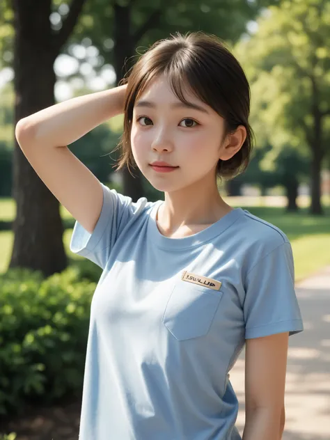 (skinny:0.15),a young and cute girl、is wearing a long-sleeved t-shirt、I can see my armpit,(younger:0.95),Side view in the park、viewers,(big boobs:0.79),japanese,(smile Yang:0.25),(breastplate:1.5)