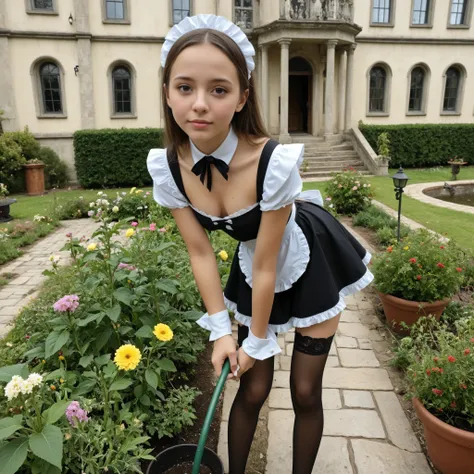 1 Girl、maids,Look at the audience,(skinny:0.70),(younger:1.21),from above,lean forward,is watering flowers outside the mansion,japanese,(smile Yang:0.15),black lace stockings