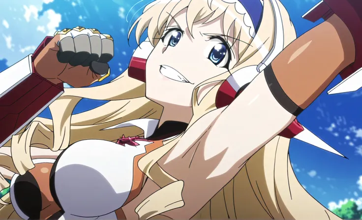 masterpiece, best quality, amazing quality, anime screencap, anime coloring, 1girl, solo, cecilia alcott, blonde hair, long hair, drill hair, blue eyes, blue hairband, frilled hairband, medium breasts, gloves, gauntlets, headgear, headphones, hairclip, leo...