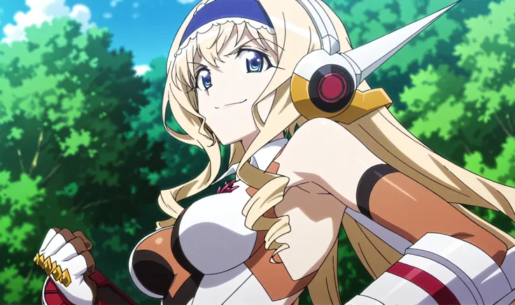 masterpiece, best quality, amazing quality, anime screencap, anime coloring, 1girl, solo, cecilia alcott, blonde hair, long hair, drill hair, blue eyes, blue hairband, frilled hairband, medium breasts, gloves, gauntlets, headgear, headphones, hairclip, leo...