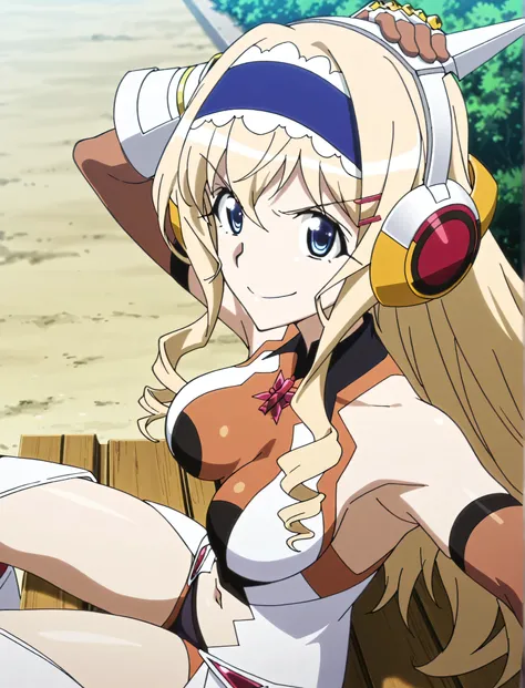 masterpiece, best quality, amazing quality, anime screencap, anime coloring, 1girl, solo, cecilia alcott, blonde hair, long hair, drill hair, blue eyes, blue hairband, frilled hairband, medium breasts, gloves, gauntlets, headgear, headphones, hairclip, leo...