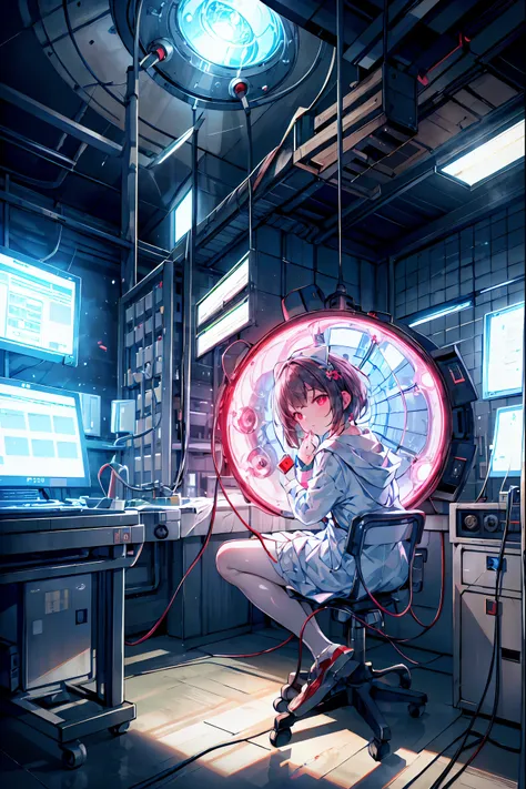 Forbidden Laboratory, Sleeping Girl in a Flask, Myriad Devices Intertwined with Countless Cables and Wiring, Countless Monitors Light Up, Scientific Reason and Uncontrollable Desire, Breathe, Realistic, high definition, Extremely Detailed Description, Phot...