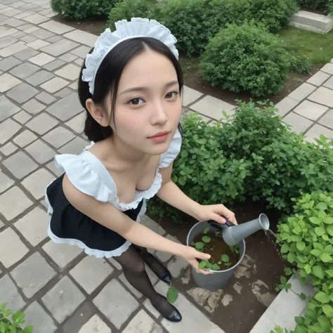 1 Girl、maids,Look at the audience,(skinny:1.04),(younger:0.63),from above,lean forward,(big boobs:0.49),is watering flowers outside the mansion,japanese,(smile Yang:0.31),black lace stockings