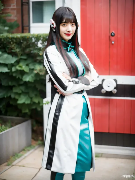 (Extremely Detailed CG), (Highest Quality), 1girl, perfect face,shiny skin,thin waist, Wide Hips AzuArk,high heels, footwear,Humagear_headphones,Black nails,white jacket that grips the bangs hard,skirt,long sleeve,赤い髪, Red Eyes, blunt Bang,pantyhose,multic...