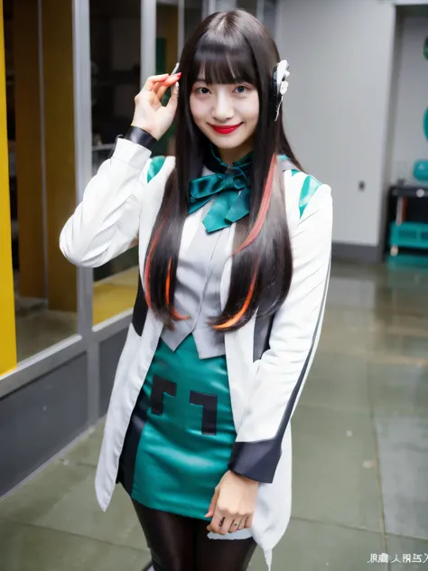 (Extremely Detailed CG), (Highest Quality), 1girl, perfect face,shiny skin,thin waist, Wide Hips AzuArk,high heels, footwear,Humagear_headphones,Black nails,white jacket that grips the bangs hard,skirt,long sleeve,赤い髪, Red Eyes, blunt Bang,pantyhose,multic...