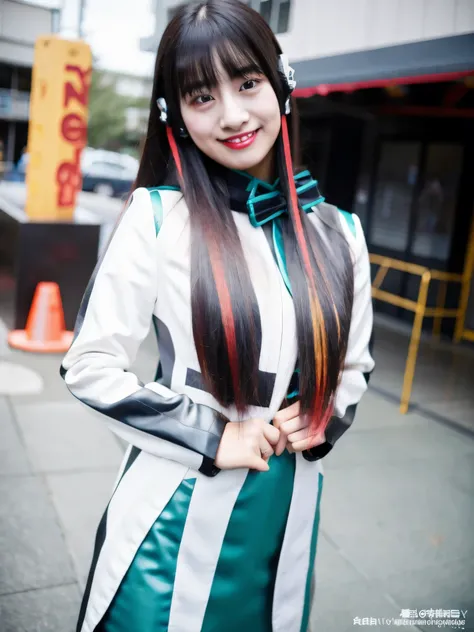 (Extremely Detailed CG), (Highest Quality), 1girl, perfect face,shiny skin,thin waist, Wide Hips AzuArk,high heels, footwear,Humagear_headphones,Black nails,white jacket that grips the bangs hard,skirt,long sleeve,赤い髪, Red Eyes, blunt Bang,pantyhose,multic...