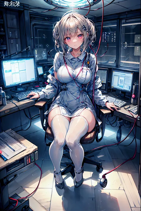 Forbidden Laboratory, a suspicious life form in a flask, Girl observing ，it was in school class，Myriad Devices Intertwined with Countless Cables and Wiring, Countless Monitors Light Up, Scientific Reason and Uncontrollable Desire, Realistic, high definitio...