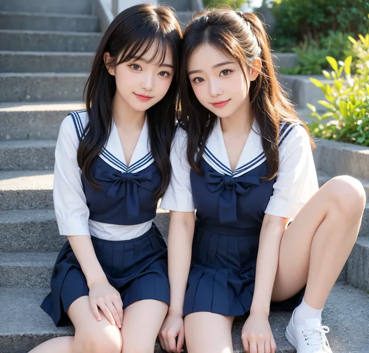 8K Wallpaper,younger、 sailor suit、白色の sailor suit、 mini skirt、 sitting on the stairs、  A slim figure with a belly button visible.、 girls、 fashionable hairstyle 、 sitting on the stairs、半袖の sailor suit、My Stomach Is Split in Two and I Can See Everything、 Tig...