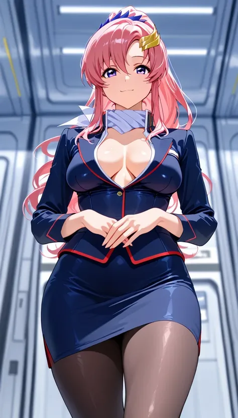 score_9, score_8_up, score_7_up, source_anime, Top Quality、8k、masterpiece、natural light、and high precision、perfect anatomy、solo, small breasts, (sagging breasts:1.2), (voluptuous body:1.4), lacus_c, long hair, ponytail, pink hair, hair between eyes, purple...