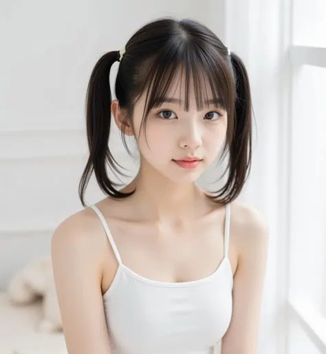 (luxury),((Photo Quality)),(slender body),Thin Arms,twin tails,white shoulders,((Highest Image Quality)),(I'm an elementary school student),girls,(perfect face),tank top