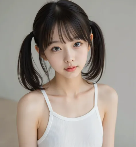 (luxury),((Photo Quality)),(slender body),Thin Arms,twin tails,white shoulders,((Highest Image Quality)),(I'm an elementary school student),girls,(perfect face),tank top