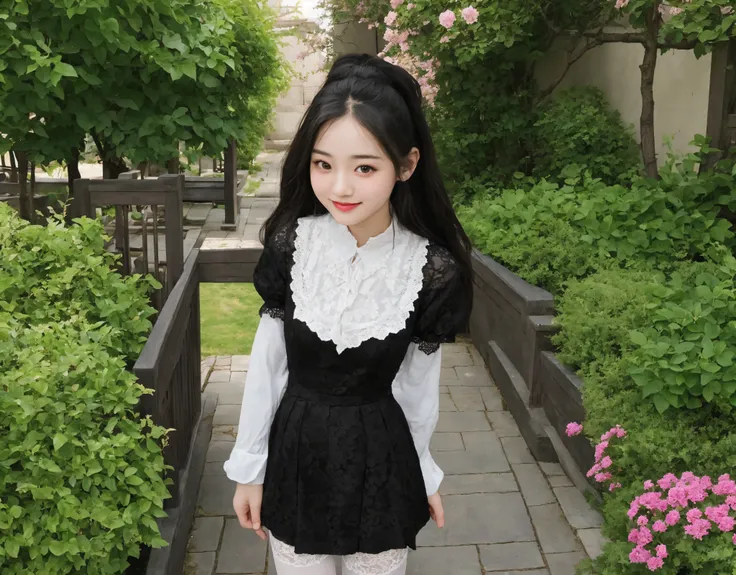 (1 cute girl)、maids,Look at the audience,(skinny:1.39),(younger:1.41),from above,に付けたblack lace stockings,lean forward,(big boobs:0.15),japanese,(smile Yang:0.41),black lace stockings