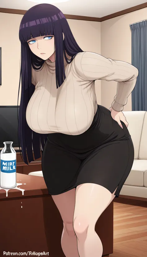 Masterpiece, 1girl, mature, straight hair, long dark purple hair, straight bangs, blue eyes, dark circles, fair skin, curvy body, big breasts, huge breasts, wide hips, beige sweater, short black skirt, living room, leaning forward, expressing milk from the...