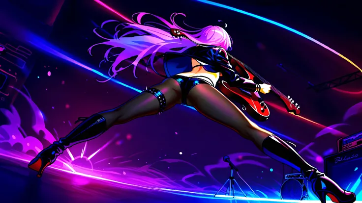 ((masterpiece:1.2)), ((best quality:1.2)), ((very aesthetic:1.4)), illustration, (anime coloring:1.2), ((intricate details:1.4)), ((detailed background:1.2)), concert stage, colorful spotlights, neon lights, dynamic atmosphere, intense rock performance, ((...