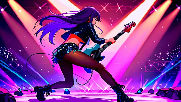 ((masterpiece:1.2)), ((best quality:1.2)), ((very aesthetic:1.4)), illustration, (anime coloring:1.2), ((intricate details:1.4)), ((detailed background:1.2)), concert stage, colorful spotlights, neon lights, dynamic atmosphere, intense rock performance, ((...