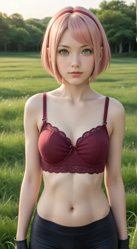 1girl, solo,haruno sakura,emerald eyes,pink hair,(short hair:1.5),outdoors,potrait,small breast,nature, standing still,sidelocks,red sunset,looking at viewer, front view,close up,black glove,(wild grass background:1.5),(wear bra:1.5),bike shorts,navel
