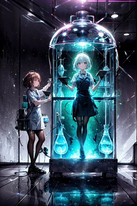 Forbidden Laboratory, Suspicious life forms inside flasks, Girl Observing ,It was a school lesson,countless devices with countless cables and wires intertwined, Countless Monitors Light Up, Scientific Reason and Uncontrollable Desire, realistic, High Preci...
