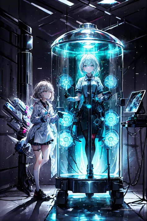 Forbidden Laboratory, Suspicious life forms inside flasks, Girl Observing ,It was a school lesson,countless devices with countless cables and wires intertwined, Countless Monitors Light Up, Scientific Reason and Uncontrollable Desire, realistic, High Preci...