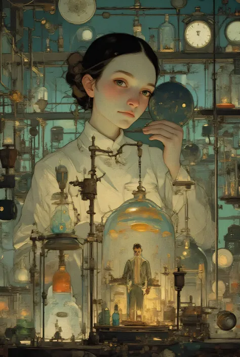 capolavoro, top quality, ultra high definition,  8K anime style , centro, 1 donna scienziato , assolo , Woman in a laboratory full of test tubes, keeps very small men inside birdcages