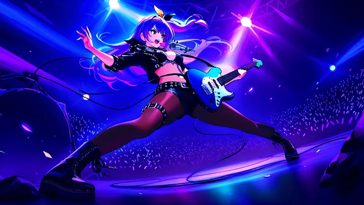((masterpiece:1.2)), ((best quality:1.2)), ((very aesthetic:1.4)), illustration, (anime coloring:1.2), ((intricate details:1.4)), ((detailed background:1.2)), concert stage, colorful spotlights, neon lights, dynamic atmosphere, intense rock performance, ((...