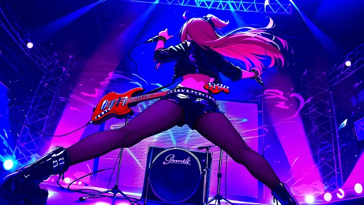 ((masterpiece:1.2)), ((best quality:1.2)), ((very aesthetic:1.4)), illustration, (anime coloring:1.2), ((intricate details:1.4)), ((detailed background:1.2)), concert stage, colorful spotlights, neon lights, dynamic atmosphere, intense rock performance, ((...