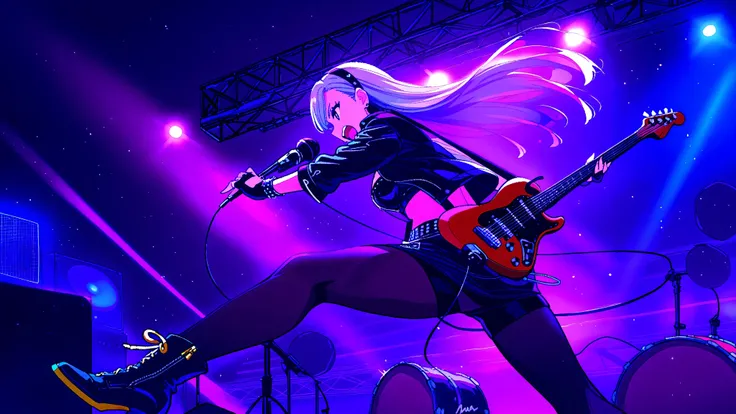 ((masterpiece:1.2)), ((best quality:1.2)), ((very aesthetic:1.4)), illustration, (anime coloring:1.2), ((intricate details:1.4)), ((detailed background:1.2)), concert stage, colorful spotlights, neon lights, dynamic atmosphere, intense rock performance, ((...
