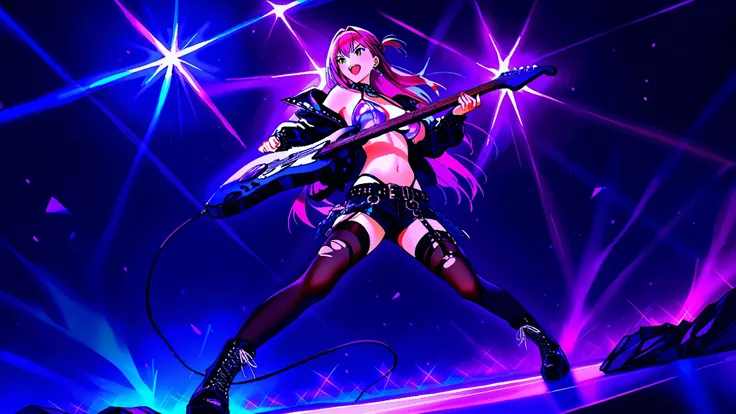 ((masterpiece:1.2)), ((best quality:1.2)), ((very aesthetic:1.4)), illustration, (anime coloring:1.2), ((intricate details:1.4)), ((detailed background:1.2)), concert stage, colorful spotlights, neon lights, dynamic atmosphere, intense rock performance, ((...