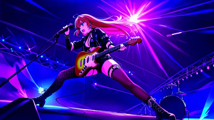 ((masterpiece:1.2)), ((best quality:1.2)), ((very aesthetic:1.4)), illustration, (anime coloring:1.2), ((intricate details:1.4)), ((detailed background:1.2)), concert stage, colorful spotlights, neon lights, dynamic atmosphere, intense rock performance, ((...