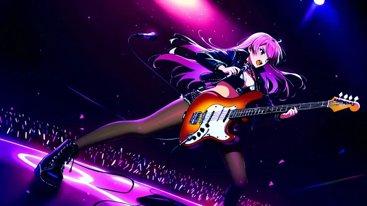 ((masterpiece:1.2)), ((best quality:1.2)), ((very aesthetic:1.4)), illustration, (anime coloring:1.2), ((intricate details:1.4)), ((detailed background:1.2)), concert stage, colorful spotlights, neon lights, dynamic atmosphere, intense rock performance, ((...
