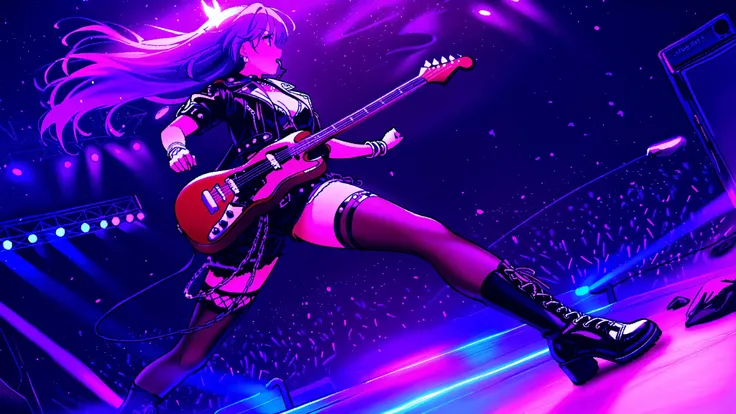 ((masterpiece:1.2)), ((best quality:1.2)), ((very aesthetic:1.4)), illustration, (anime coloring:1.2), ((intricate details:1.4)), ((detailed background:1.2)), concert stage, colorful spotlights, neon lights, dynamic atmosphere, intense rock performance, ((...