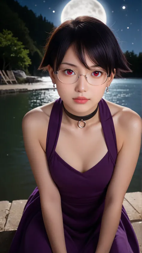 Masterpiece, best quality, 8k, ultra high resolution, photorealistic, cinematic composition,1girl, solo,sarada uchiha,red eyes,red eyes, black hair,(very short hair:1.5),outdoors,potrait,small breast,nature,sitting on lake,navel,wear glasses,close up,earin...