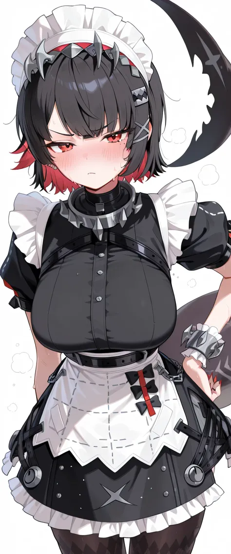 ellen_joe, 1girl, solo, red eyes, hot, steaming, steaming body, sweat, sweating, sweaty, sweaty body, wet, wet body, dripping, dripping sweat, blushing, embarrassed, nervous, annoyed, closed mouth, (((white background))), looking at viewer, cowboy shot, ha...