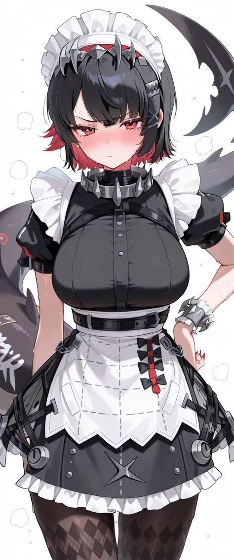 ellen_joe, 1girl, solo, red eyes, hot, steaming, steaming body, sweat, sweating, sweaty, sweaty body, wet, wet body, dripping, dripping sweat, blushing, embarrassed, nervous, annoyed, closed mouth, (((white background))), looking at viewer, cowboy shot, ha...