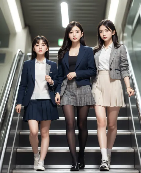 ( flat chest:1.4),( slim figure visible to the navel),6 heads,A,Adolescent girl,anatomically perfect,(Apple cheeks),(Caucasian eyes),(elementary school student is riding an escalator on the way to school)、 glare、(collared jacket, Navy Blue, linen),Increase...