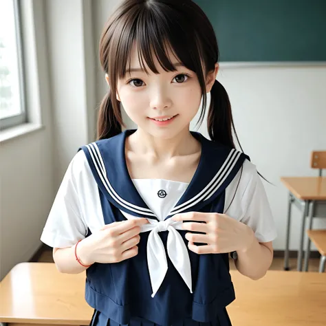 ( white skin:1.0),cute girl,かわいいyounger女の子,slender,short,skinny,slender,thin body,Toddler_body,younger,score_7_ up,score_8_ up,score_9,realistic,School Uniform,school classroom,small butts are not posing,small breasts,sunlight,japanese,smile Yang:0.4,Narro...