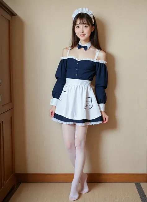 cute girl,かわいいyounger女の子,slender,short,skinny,slender body,younger,skinny,score_9,maid clothes,realistic,masterpiece,college students,small breasts,japanese,white skin,  thin shoulders,thin arm,Narrow Shoulder, Leg hair ,High Precision