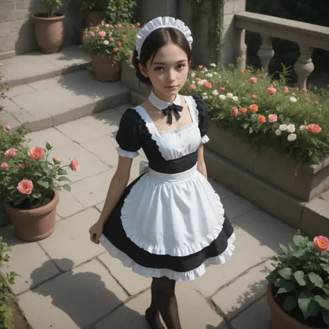 1 Girl、maids,Look at the audience,(skinny:1.35),(younger:1.33),from above,lean forward,is watering flowers outside the mansion,japanese,(smile Yang:0.62),my left hand is touching my crotch