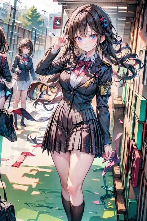 Little Girl with High Pressure Discipline Chairman，About 150 centimeters,charismatic presence, Tall Boys Surrounding Her Surrounding Her Surrounding Area,Pointing and Instructing,4K High Resolution,High Dynamic Range,Super Realistic Digital Illustration wi...