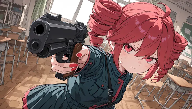 Kasane Teto, messy classroom, holding a gun, cool