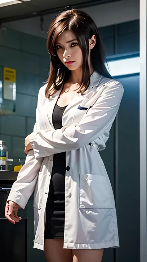 Forbidden Laboratory,dark-haired woman,dark-haired womanのクローン人間の立姿,life-size test tube filled with liquid,cloned human being in culture,dark-haired researcher woman watching,Basement,secret experiment,Checking progress,Anime CG,