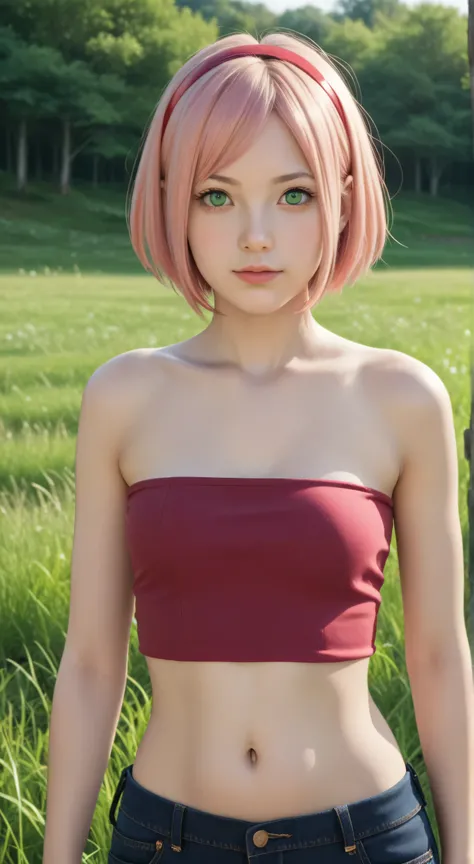 1girl, solo,haruno sakura,emerald eyes,pink hair,(short hair:1.5),outdoors,potrait,small breast,nature, standing still,sidelocks,red sunset,looking at viewer, front view,close up,black glove,(wild grass background:1.5),(wear tube top:1.5),navel