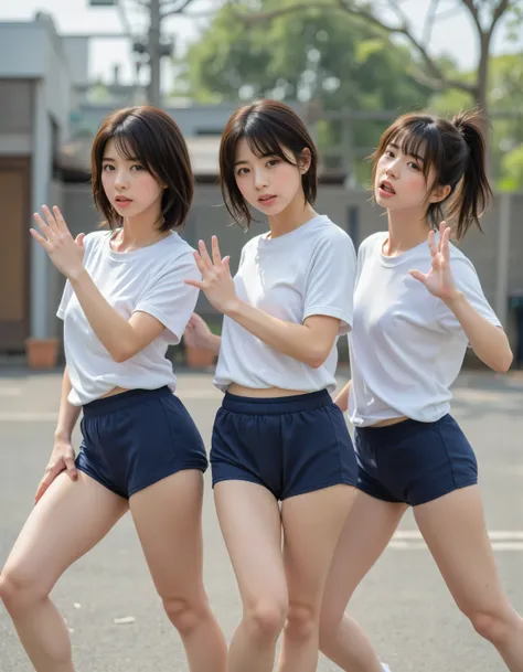 ((((((( real style )))))))　((((((((((The color of bloomers is dark blue))))))))))　((((((((((The woman on the right needs to have a shorter waist))))))))))　(((((view from below, Look up at the thighs)))))　(((schoolyard scene in bright light)))　(((((Three yo...