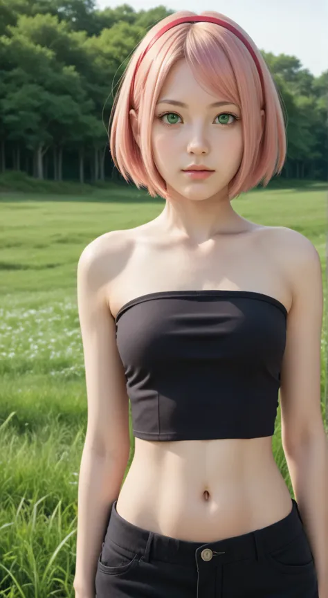 1girl, solo,haruno sakura,emerald eyes,pink hair,(short hair:1.5),outdoors,potrait,small breast,nature, standing still,sidelocks,red sunset,looking at viewer, front view,close up,black glove,(wild grass background:1.5),(wear black tube top:1.5),navel,close...