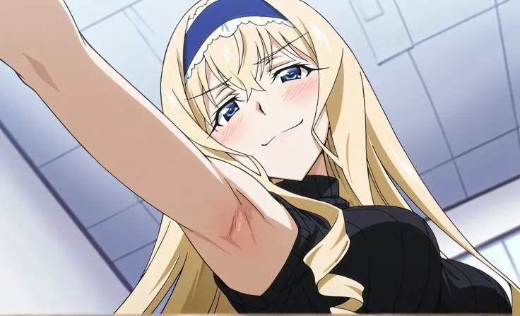 masterpiece, best quality, amazing quality, anime screencap, anime coloring, 1girl, solo, cecilia alcott, blonde hair, long hair, drill hair, blue eyes, medium breasts, blue hairband, frilled hairband, black sweater, sleeveless sweater, ribbed sweater, tur...