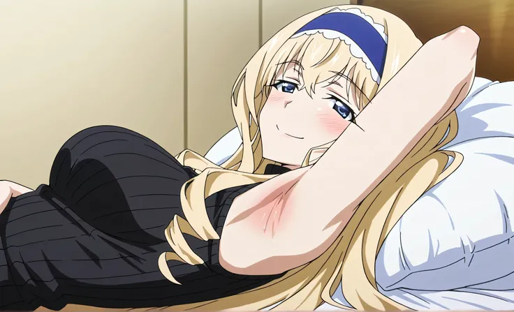 masterpiece, best quality, amazing quality, anime screencap, anime coloring, 1girl, solo, cecilia alcott, blonde hair, long hair, drill hair, blue eyes, medium breasts, blue hairband, frilled hairband, black sweater, sleeveless sweater, ribbed sweater, tur...